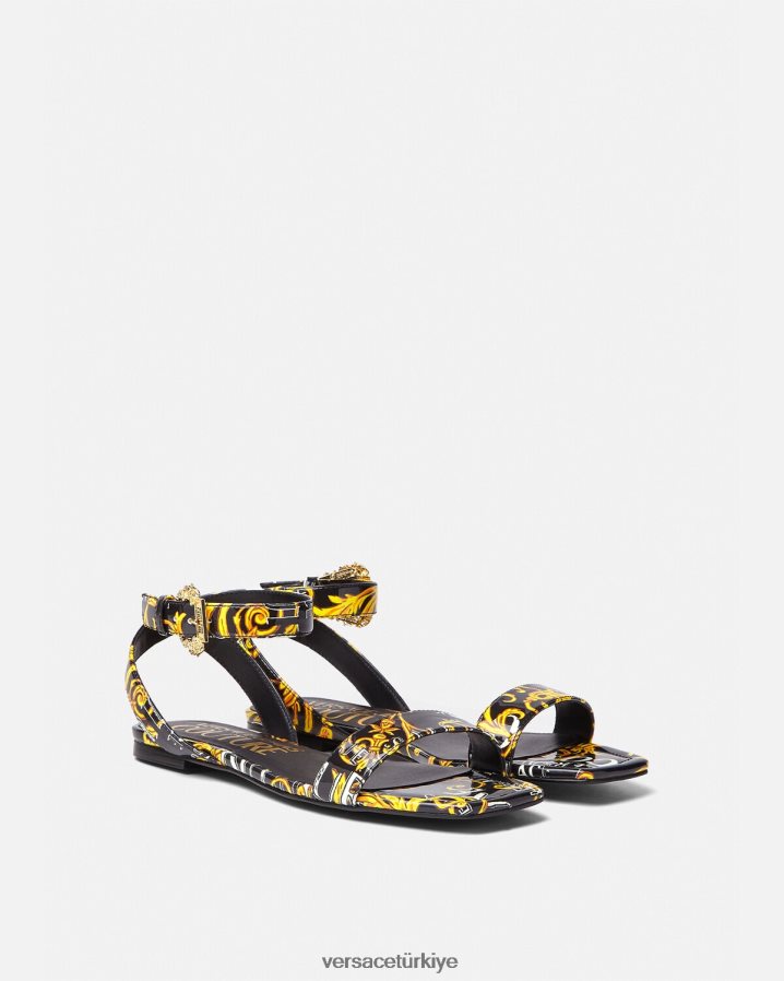 Versace pop couture millie düz sandaletler kadınlar siyah altın ayakkabı B0HHR82299