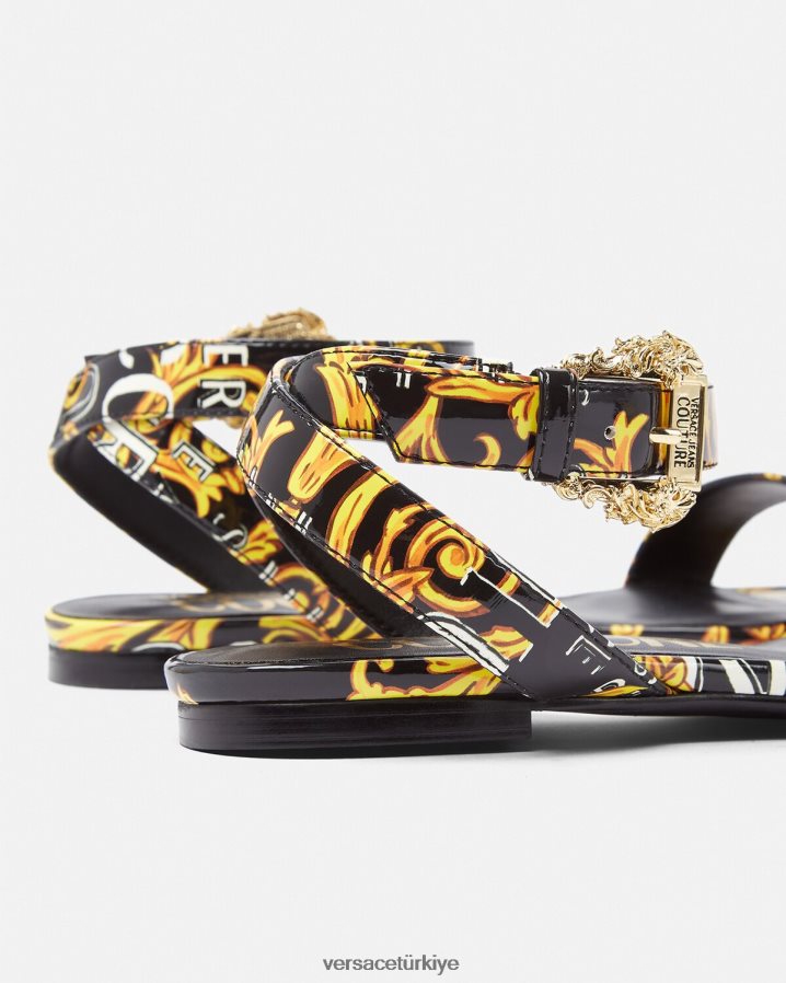 Versace pop couture millie düz sandaletler kadınlar siyah altın ayakkabı B0HHR82299