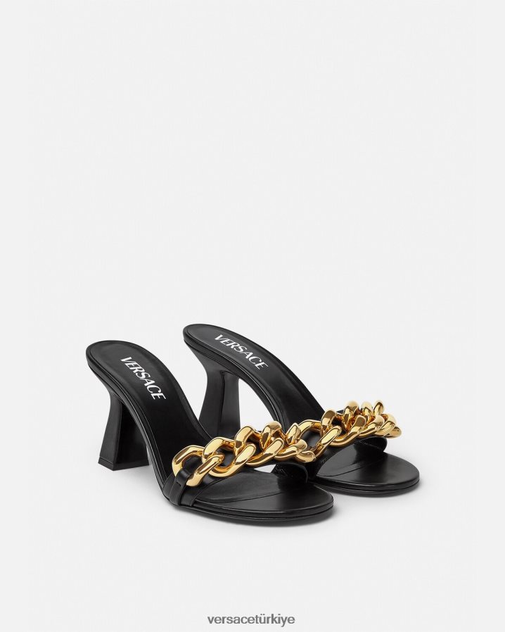 Versace zincirli orta topuklu sandalet kadınlar siyah ayakkabı B0HHR8461