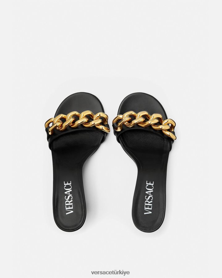 Versace zincirli orta topuklu sandalet kadınlar siyah ayakkabı B0HHR8461