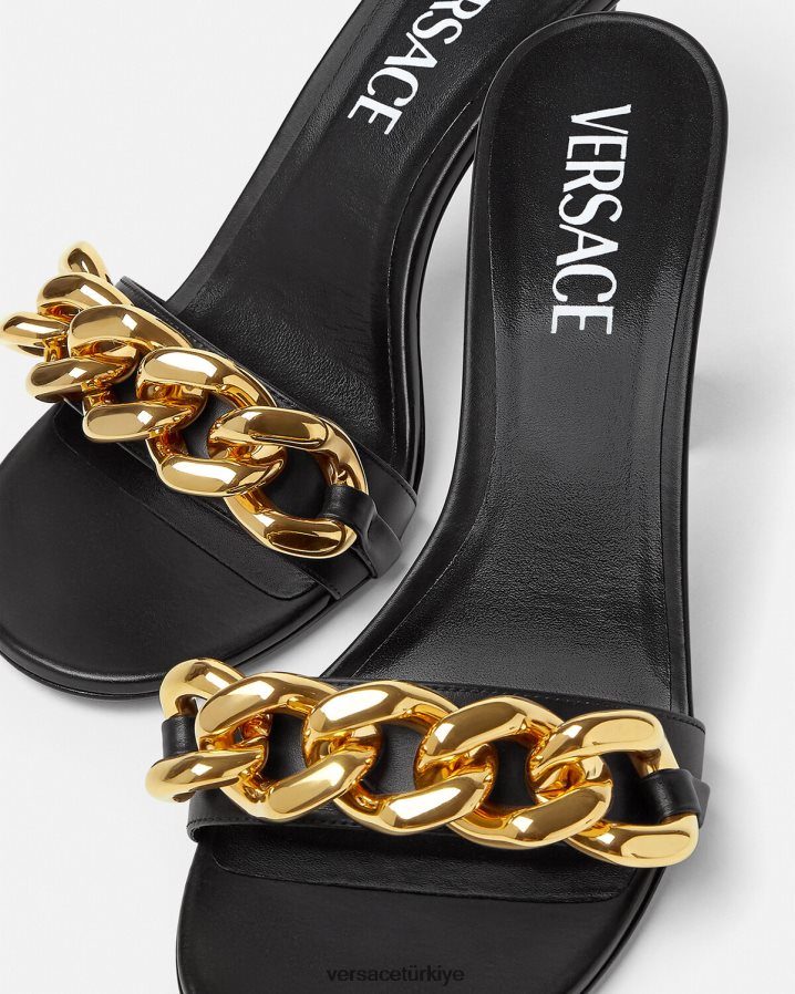 Versace zincirli orta topuklu sandalet kadınlar siyah ayakkabı B0HHR8461