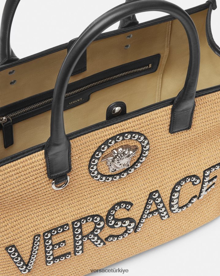 Versace çivili la medusa büyük taşıma çantası kadınlar bej çanta B0HHR8301
