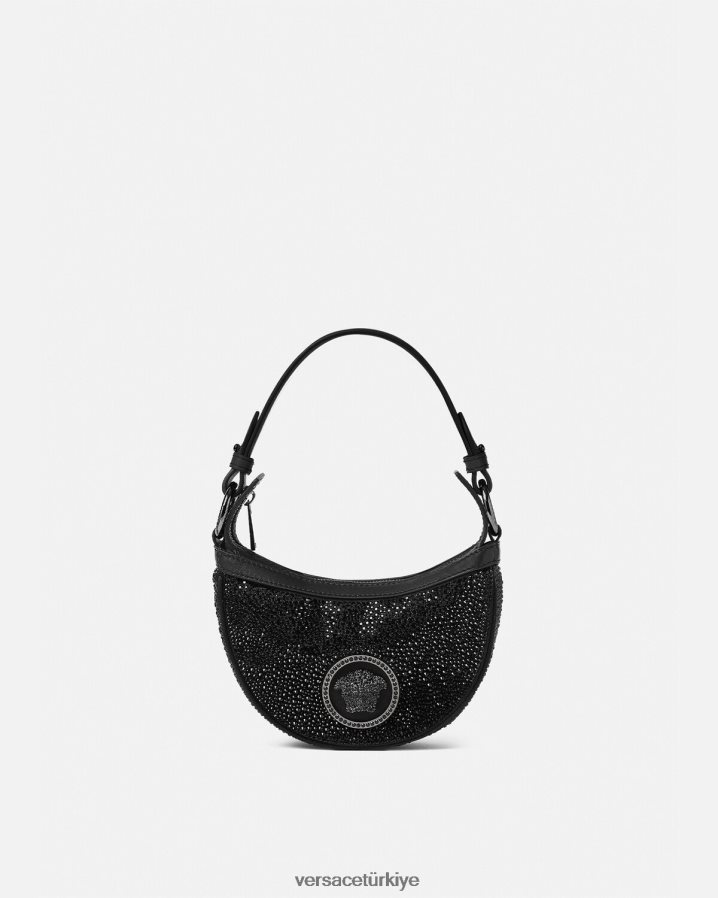 Versace kristal tekrarlı mini hobo çanta kadınlar siyah çanta B0HHR8292