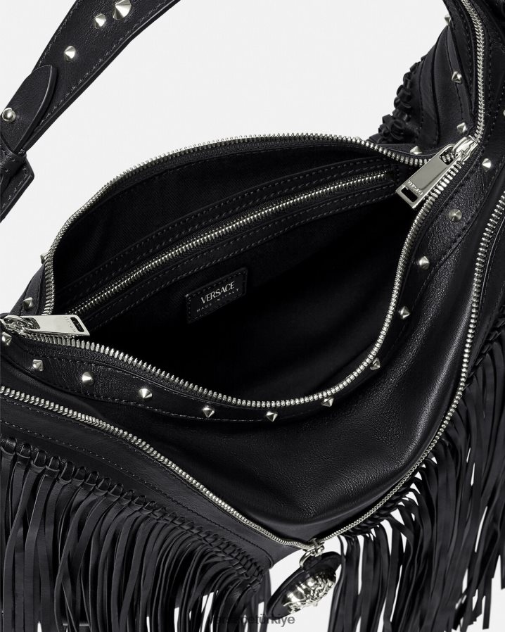 Versace saçaklı tekrarlanan hobo çanta kadınlar siyah çanta B0HHR8298