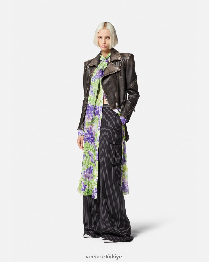 Versace barocco fırçalanmış deri ceket kadınlar gri Giyim B0HHR898