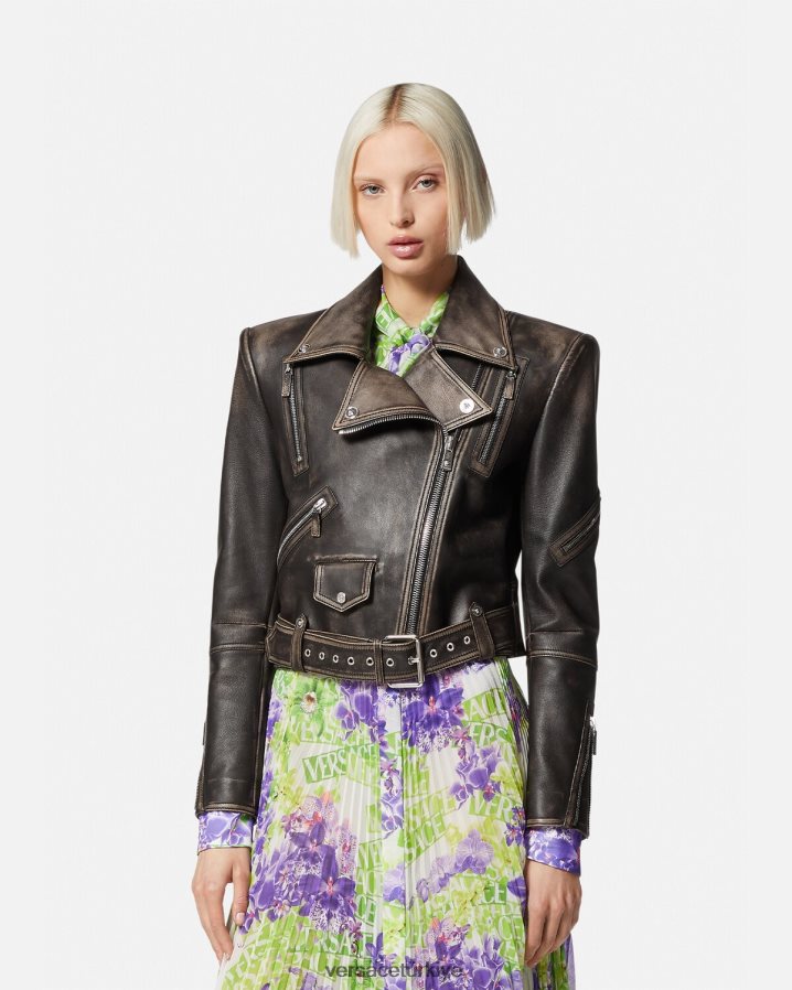 Versace barocco fırçalanmış deri ceket kadınlar gri Giyim B0HHR898
