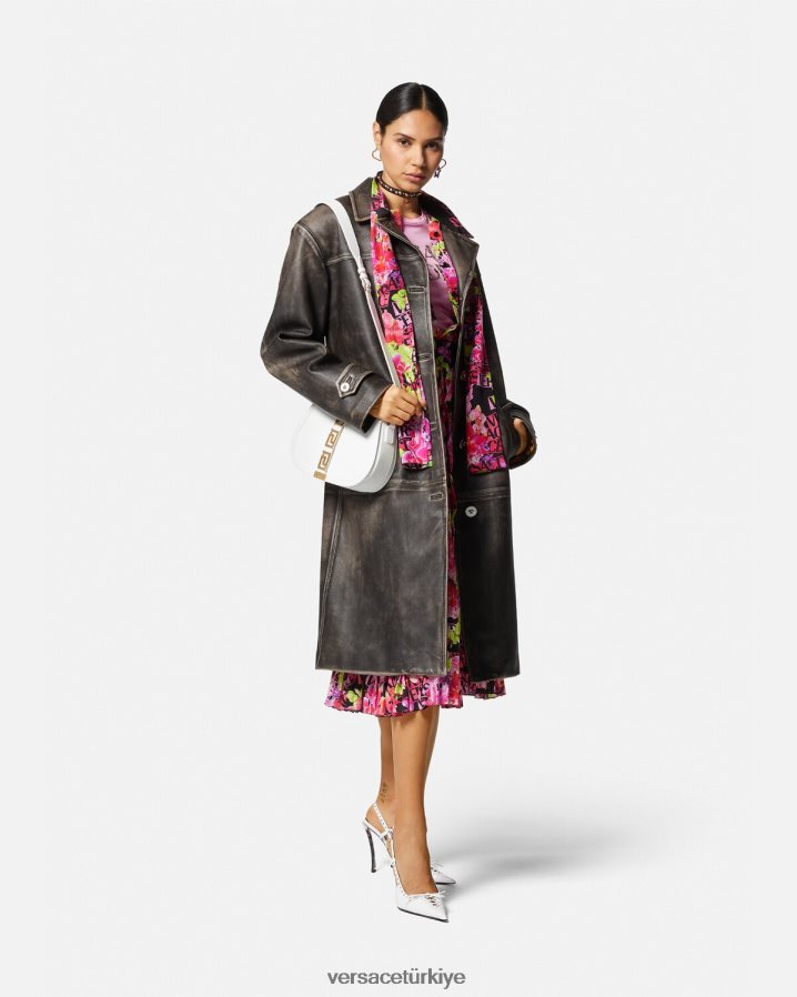 Versace barocco fırçalanmış deri trençkot kadınlar gri Giyim B0HHR897