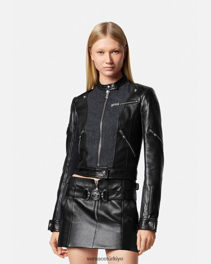 Versace denim deri motorcu ceketi kadınlar siyah Giyim B0HHR890