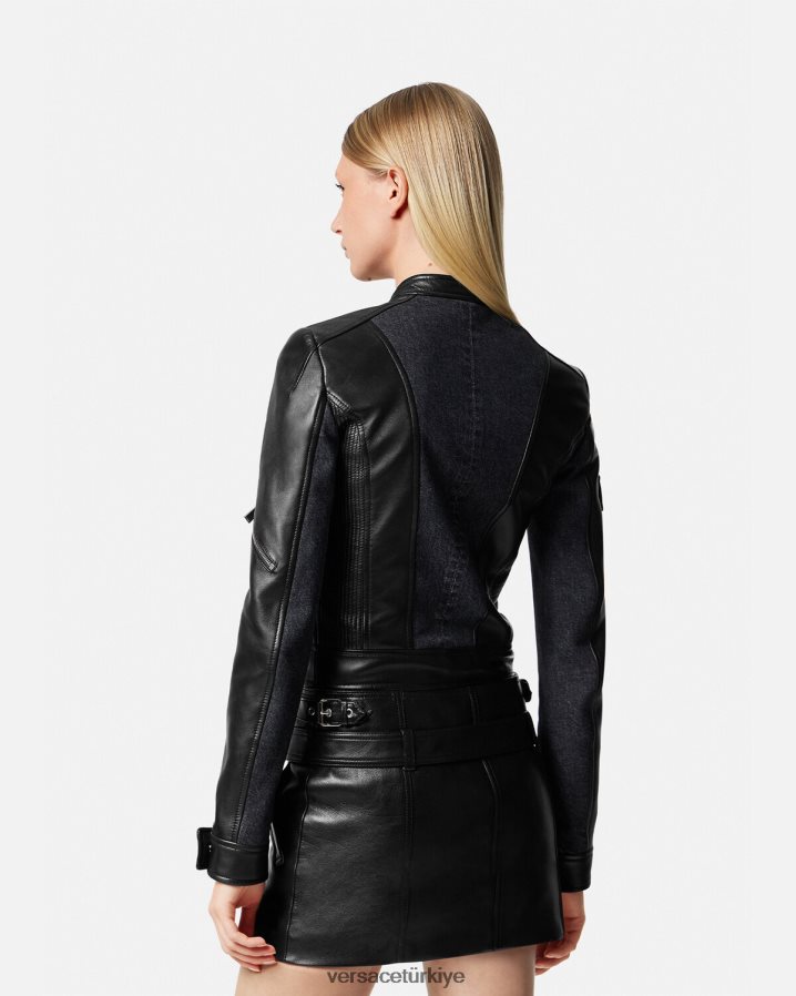 Versace denim deri motorcu ceketi kadınlar siyah Giyim B0HHR890