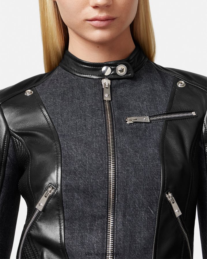 Versace denim deri motorcu ceketi kadınlar siyah Giyim B0HHR890