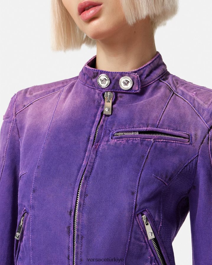 Versace medusa denim motorcu ceketi kadınlar menekşe Giyim B0HHR893