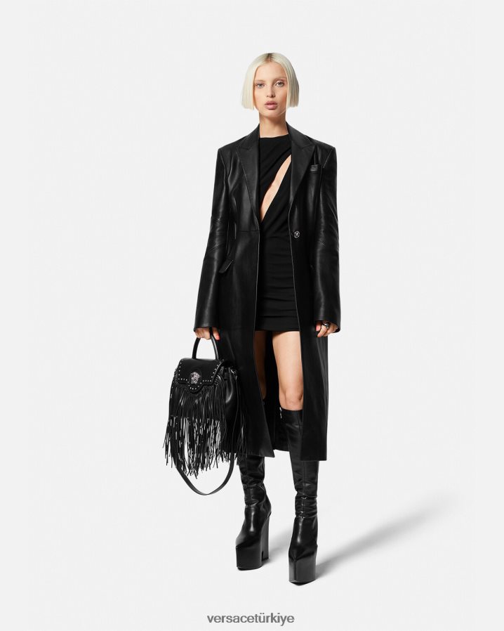 Versace medusa deri uzun kaban kadınlar siyah Giyim B0HHR892