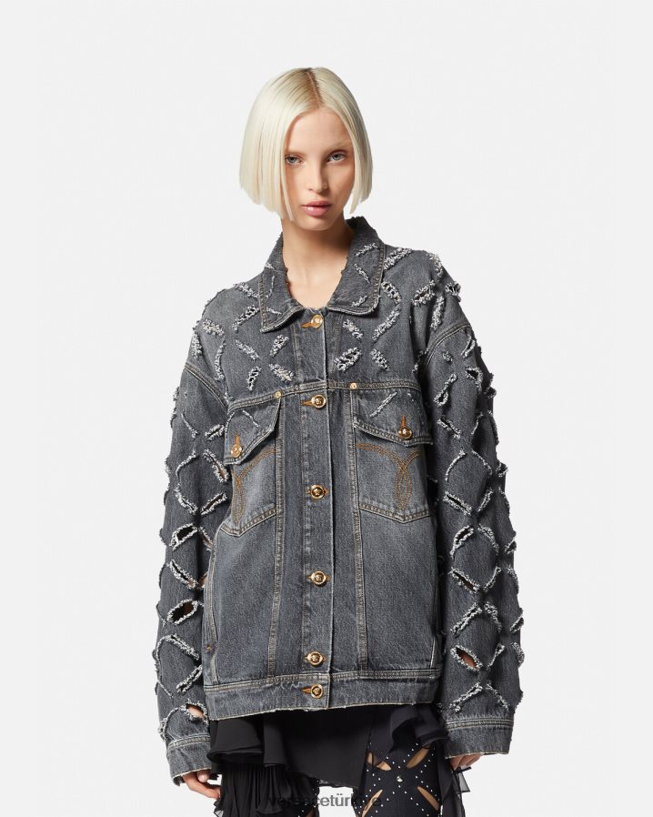 Versace yırtık denim ceket kadınlar gri Giyim B0HHR8227