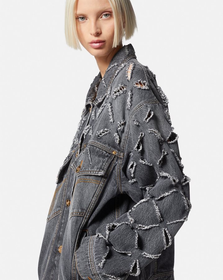 Versace yırtık denim ceket kadınlar gri Giyim B0HHR8227