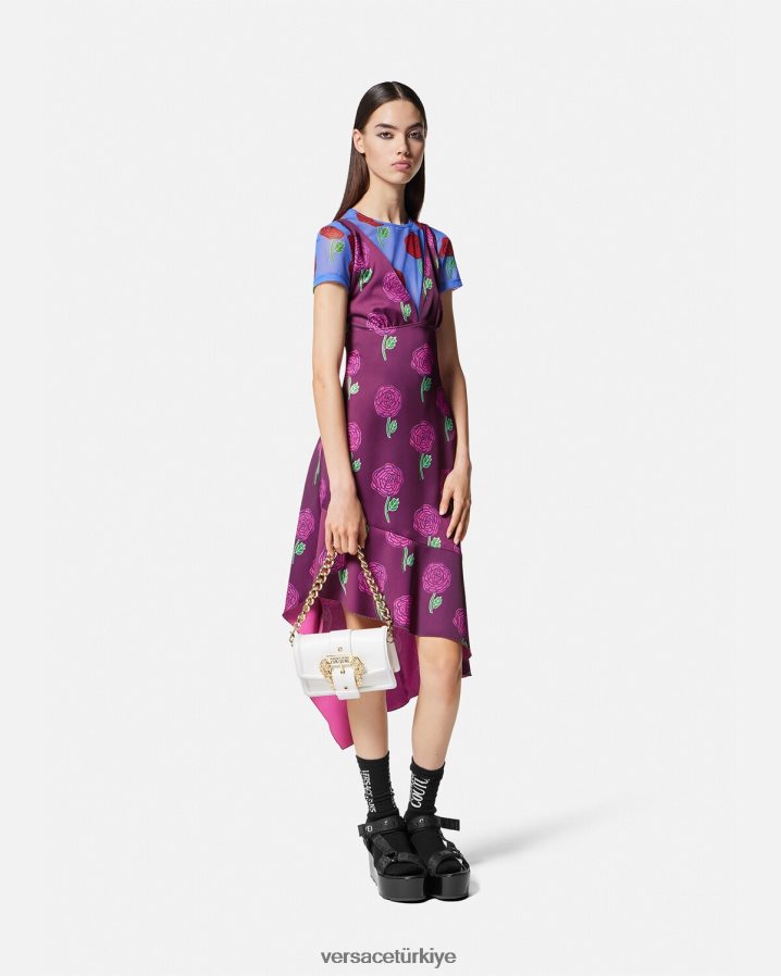 Versace gül desenli midi elbise kadınlar menekşe Giyim B0HHR82160