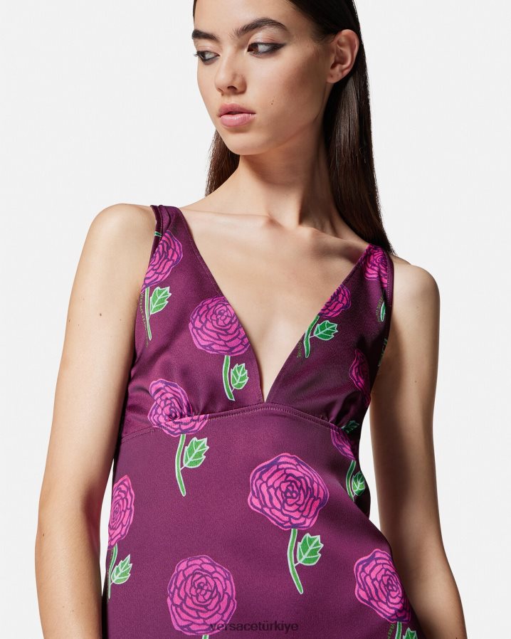 Versace gül desenli midi elbise kadınlar menekşe Giyim B0HHR82160