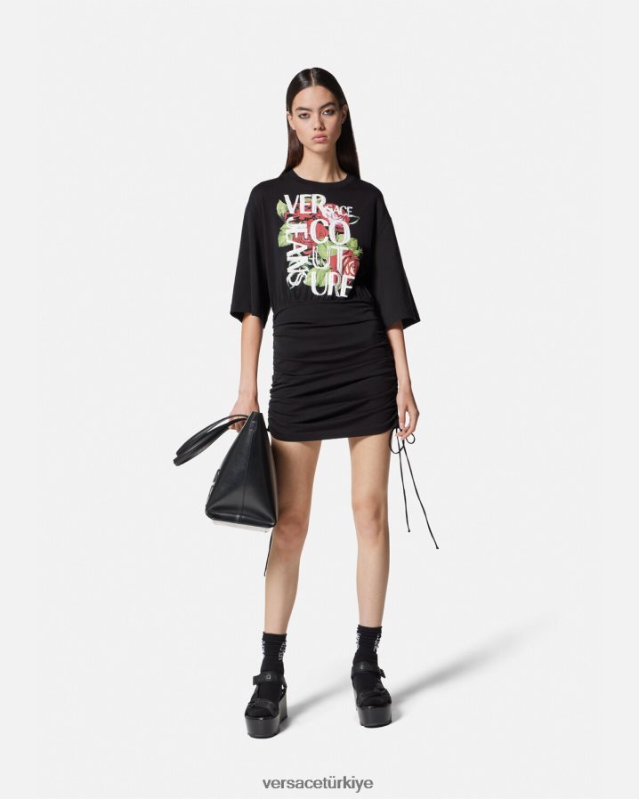 Versace gül logolu bağcıklı tişört elbise kadınlar siyah Giyim B0HHR82161