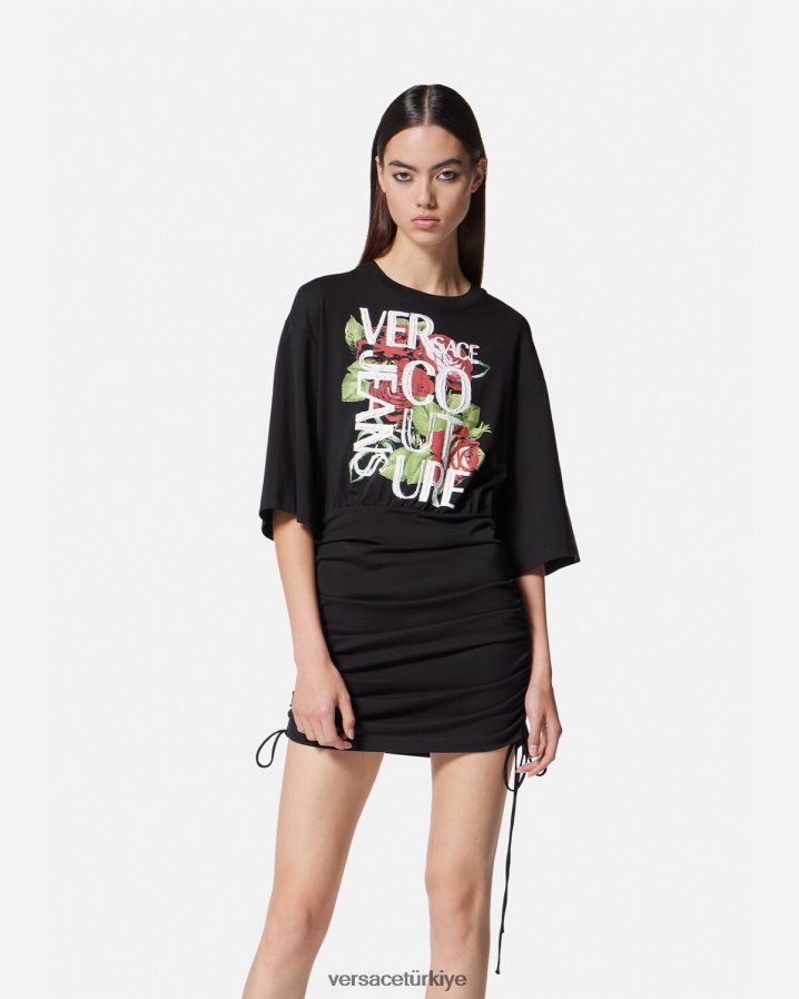 Versace gül logolu bağcıklı tişört elbise kadınlar siyah Giyim B0HHR82161