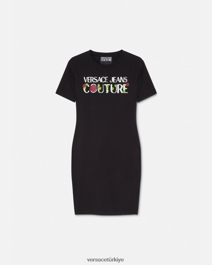 Versace gül logolu tişört elbise kadınlar siyah Giyim B0HHR82157