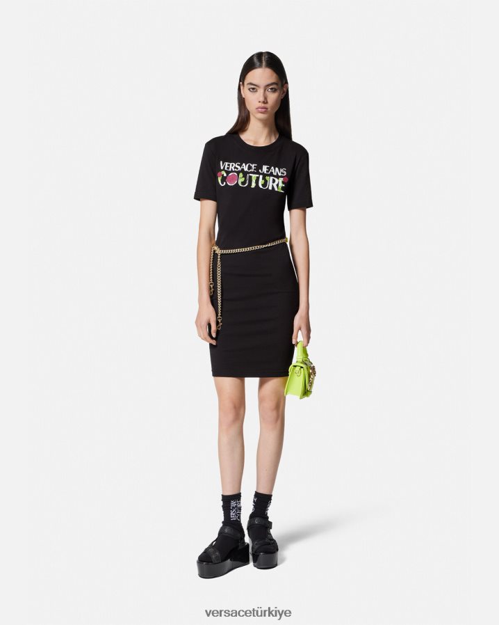 Versace gül logolu tişört elbise kadınlar siyah Giyim B0HHR82157