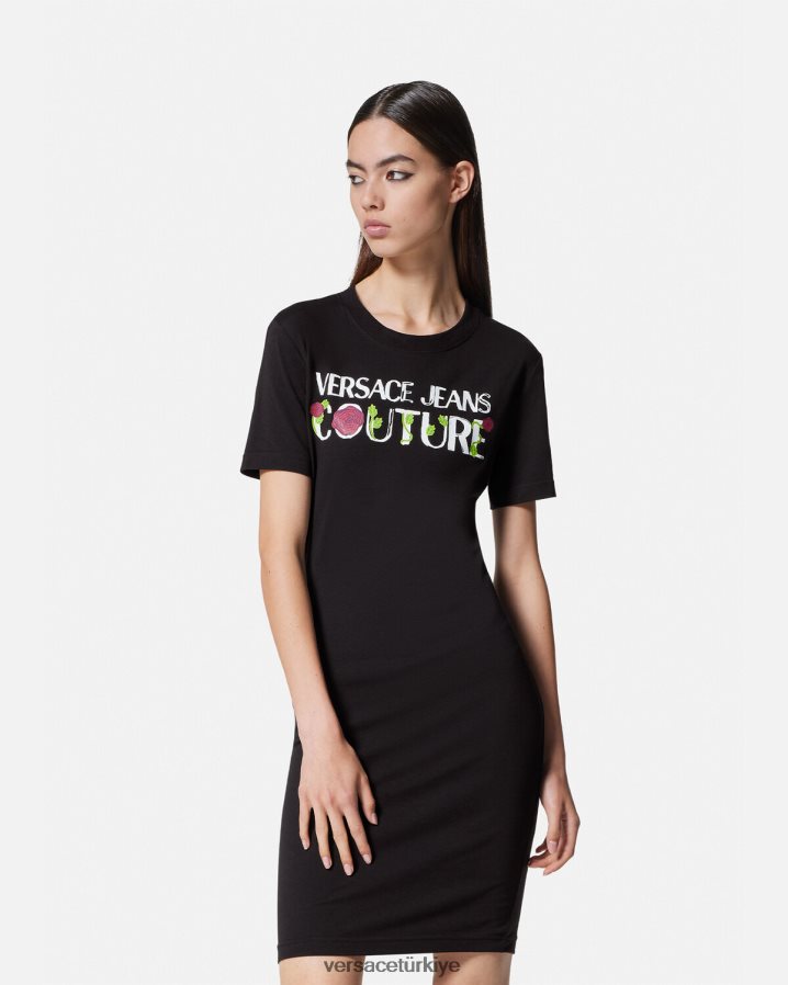 Versace gül logolu tişört elbise kadınlar siyah Giyim B0HHR82157