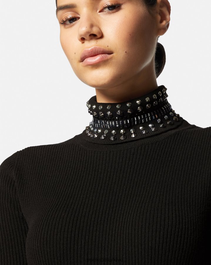 Versace çivili balıkçı yaka örgü midi elbise kadınlar siyah Giyim B0HHR871