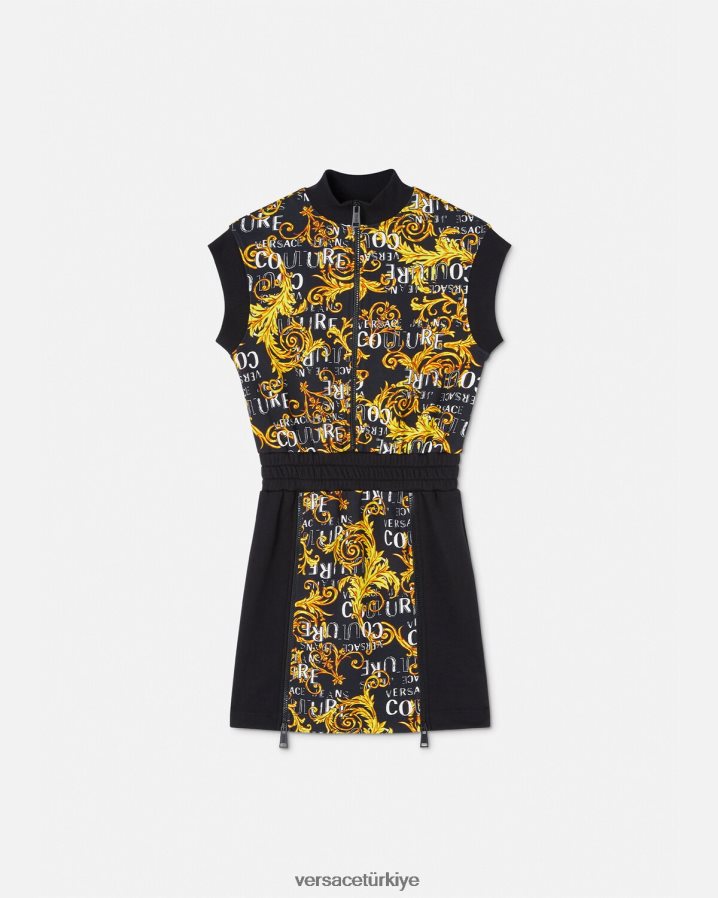 Versace logo couture fermuarlı mini elbise kadınlar siyah altın Giyim B0HHR82182