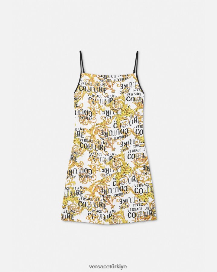 Versace logo couture mini elbise kadınlar altın ve beyaz Giyim B0HHR82187