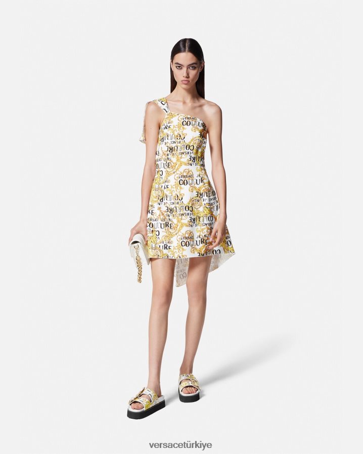 Versace logo couture tek omuz elbise kadınlar altın ve beyaz Giyim B0HHR82186