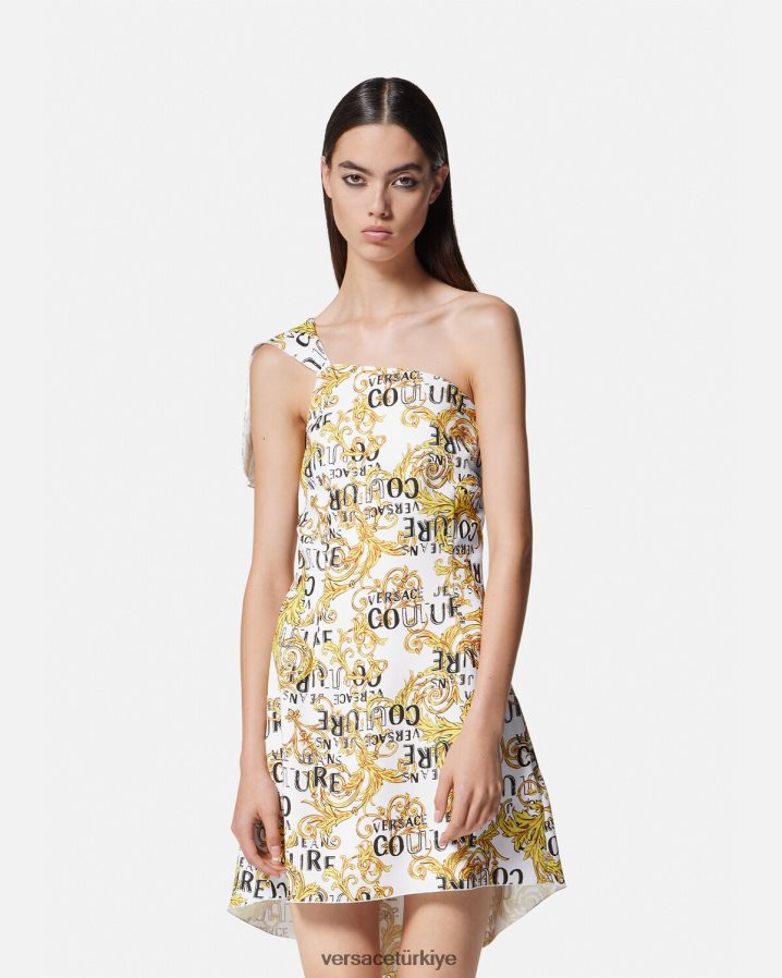 Versace logo couture tek omuz elbise kadınlar altın ve beyaz Giyim B0HHR82186