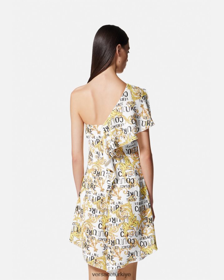 Versace logo couture tek omuz elbise kadınlar altın ve beyaz Giyim B0HHR82186