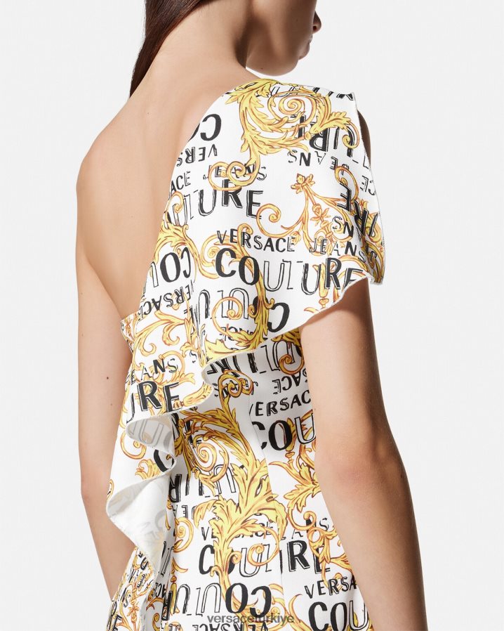 Versace logo couture tek omuz elbise kadınlar altın ve beyaz Giyim B0HHR82186