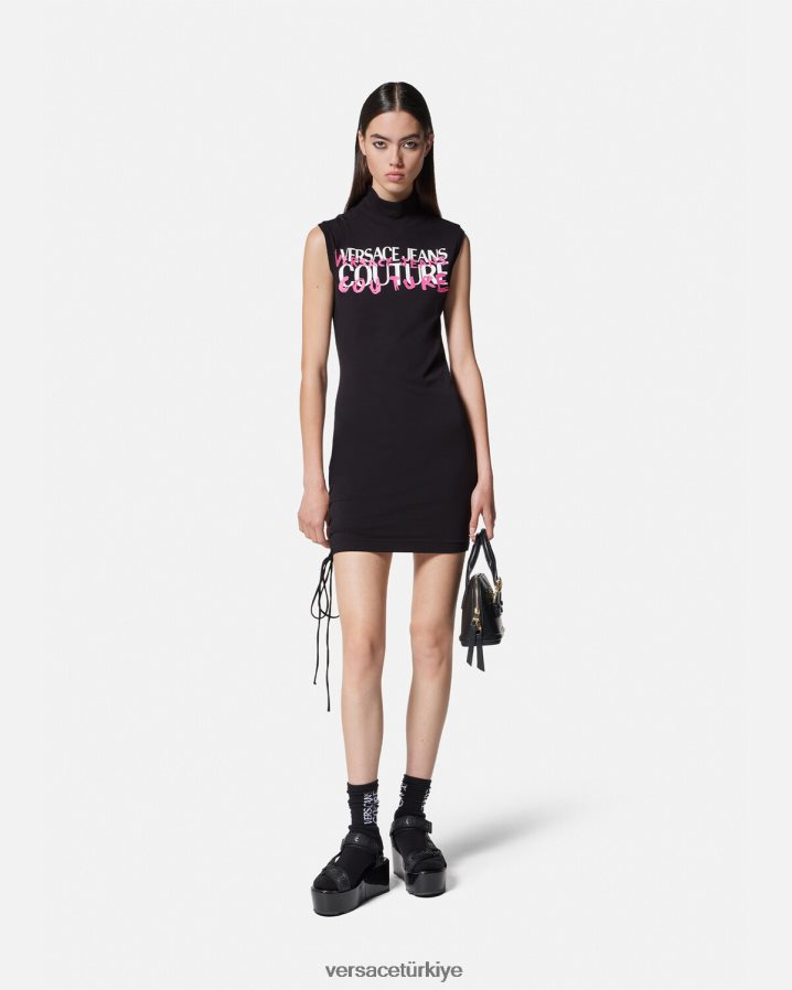 Versace logolu bağcıklı mini elbise kadınlar siyah Giyim B0HHR82158
