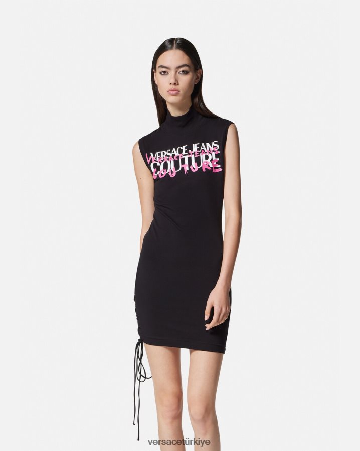 Versace logolu bağcıklı mini elbise kadınlar siyah Giyim B0HHR82158