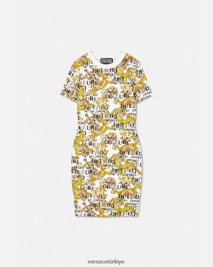 Versace logolu couture tişört elbise kadınlar altın ve beyaz Giyim B0HHR82185