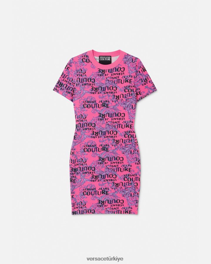 Versace logolu couture tişört elbise kadınlar fuşya Giyim B0HHR82184