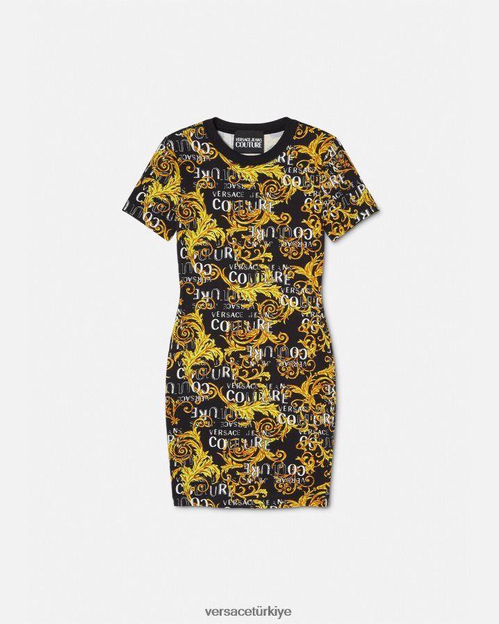 Versace logolu couture tişört elbise kadınlar siyah altın Giyim B0HHR82183