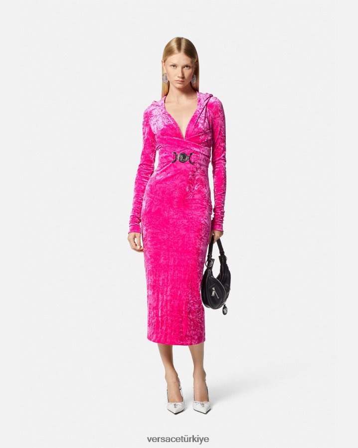 Versace medusa '95 kadife kapüşonlu elbise kadınlar fuşya Giyim B0HHR857