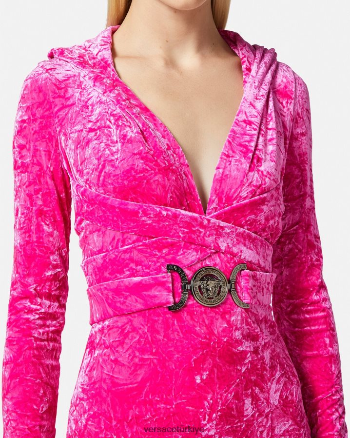 Versace medusa '95 kadife kapüşonlu elbise kadınlar fuşya Giyim B0HHR857