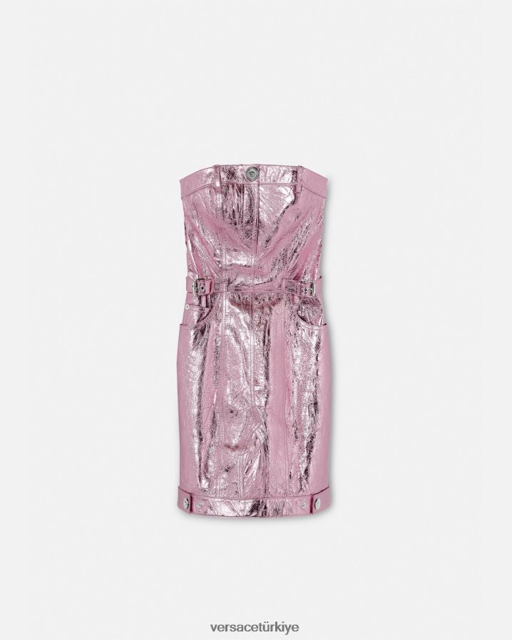Versace medusa metalik deri mini elbise kadınlar pembe Giyim B0HHR814