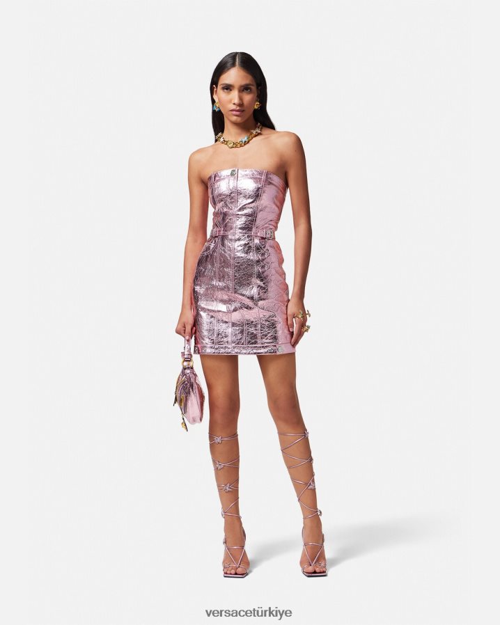 Versace medusa metalik deri mini elbise kadınlar pembe Giyim B0HHR814