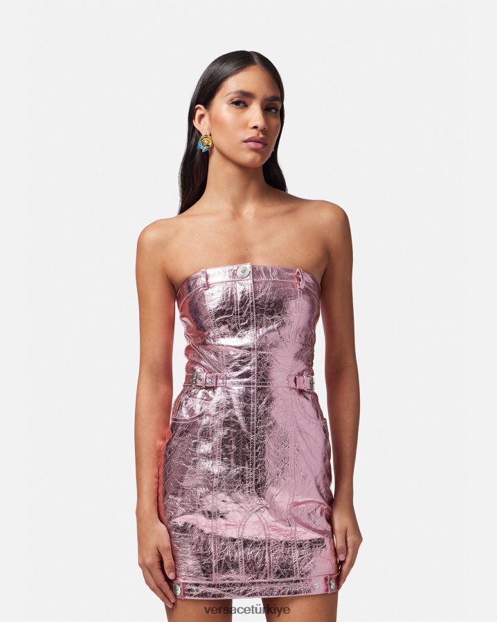 Versace medusa metalik deri mini elbise kadınlar pembe Giyim B0HHR814