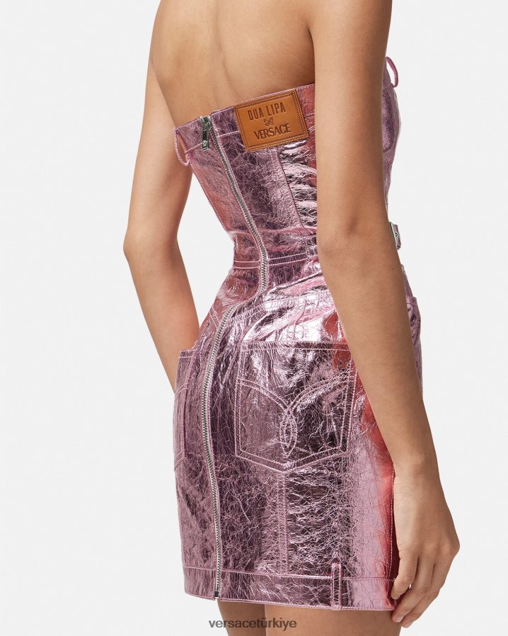 Versace medusa metalik deri mini elbise kadınlar pembe Giyim B0HHR814