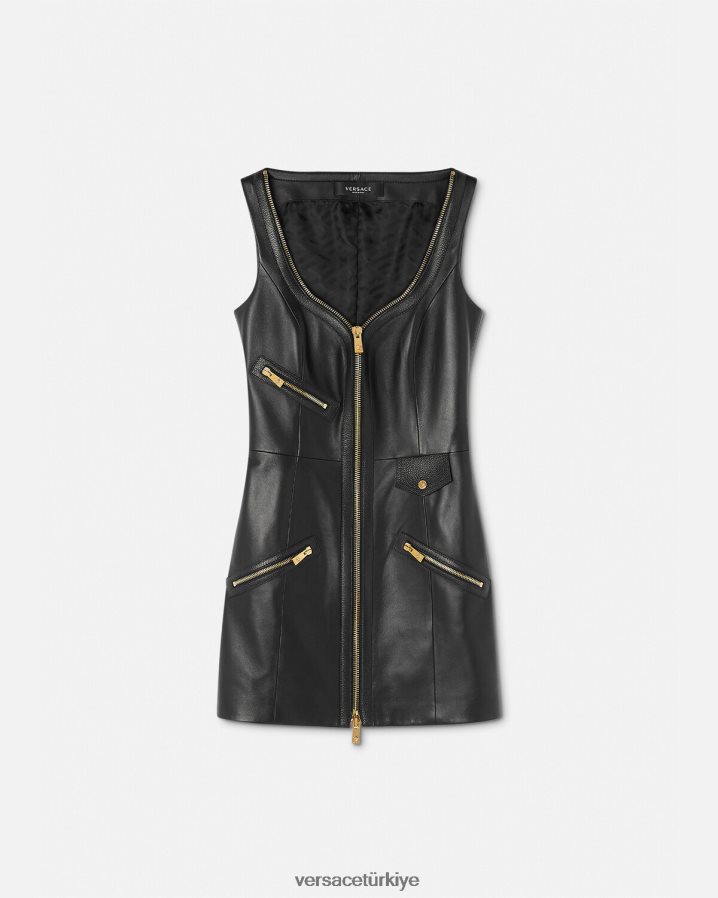 Versace motorcu deri mini elbise kadınlar siyah Giyim B0HHR867