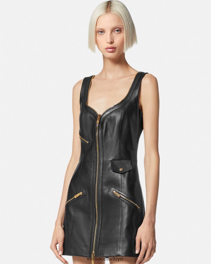 Versace motorcu deri mini elbise kadınlar siyah Giyim B0HHR867