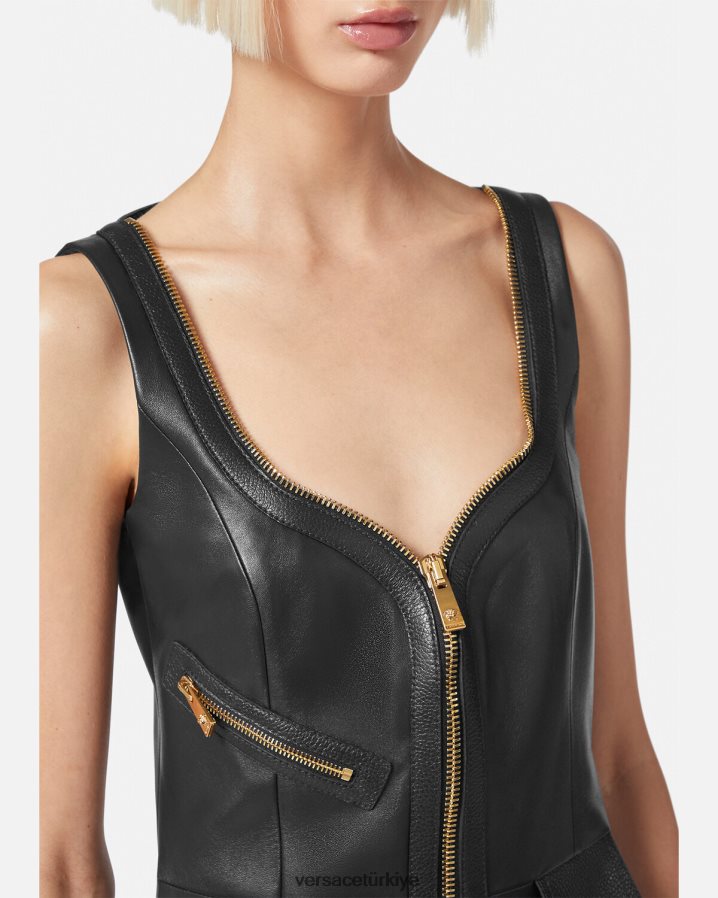 Versace motorcu deri mini elbise kadınlar siyah Giyim B0HHR867