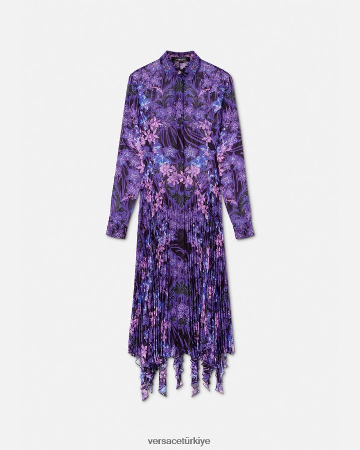 Versace orkide barocco midi gömlek elbise kadınlar menekşe ve baskı Giyim B0HHR854