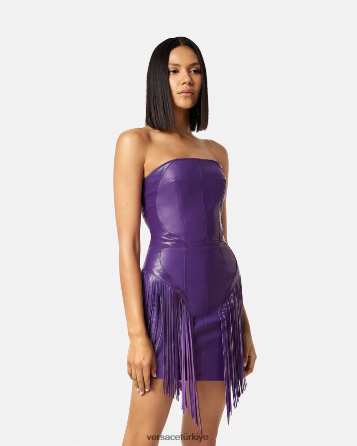Versace püsküllü deri mini elbise kadınlar menekşe Giyim B0HHR873
