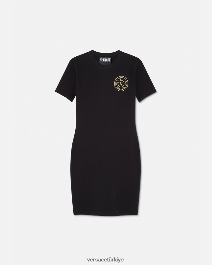 Versace v amblemli logolu tişört elbise kadınlar siyah altın Giyim B0HHR82144