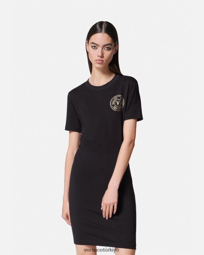 Versace v amblemli logolu tişört elbise kadınlar siyah altın Giyim B0HHR82144